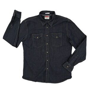 Wrangler Pearl Snap Denim Shirt Men's Large Indigo Dark Wash Western Cowboy